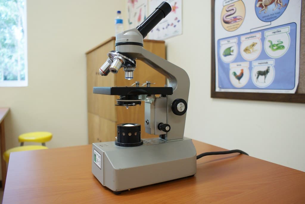 Microscópio sobre uma mesa de laboratório escolar.